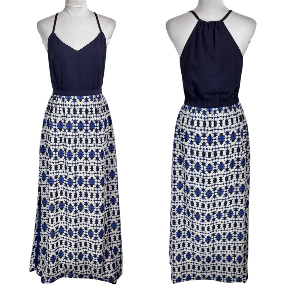 J.CREW Geometric Print Maxi Dress Sz 2 Blue‎ Racerback Slip Resort Summer Casual